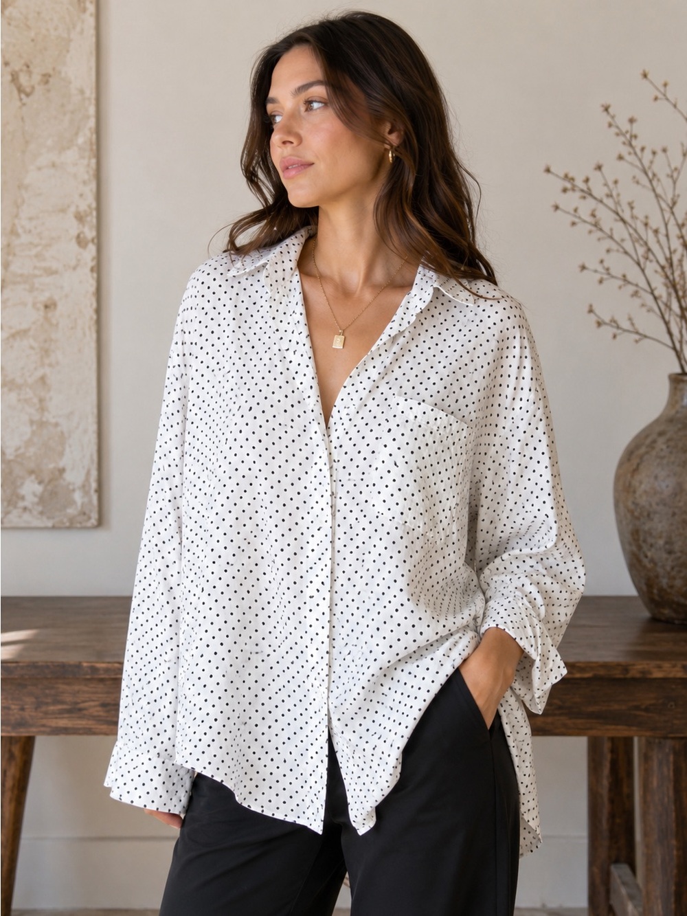 Grayson The Hero White Black Polka Dot Oversized Cotton Button Shirt Sz Small